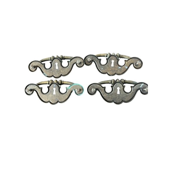 Vintage Aged Brass Chippendale Style Drawer Pulls Set of 4 Handles All Screws - Picture 4 of 4